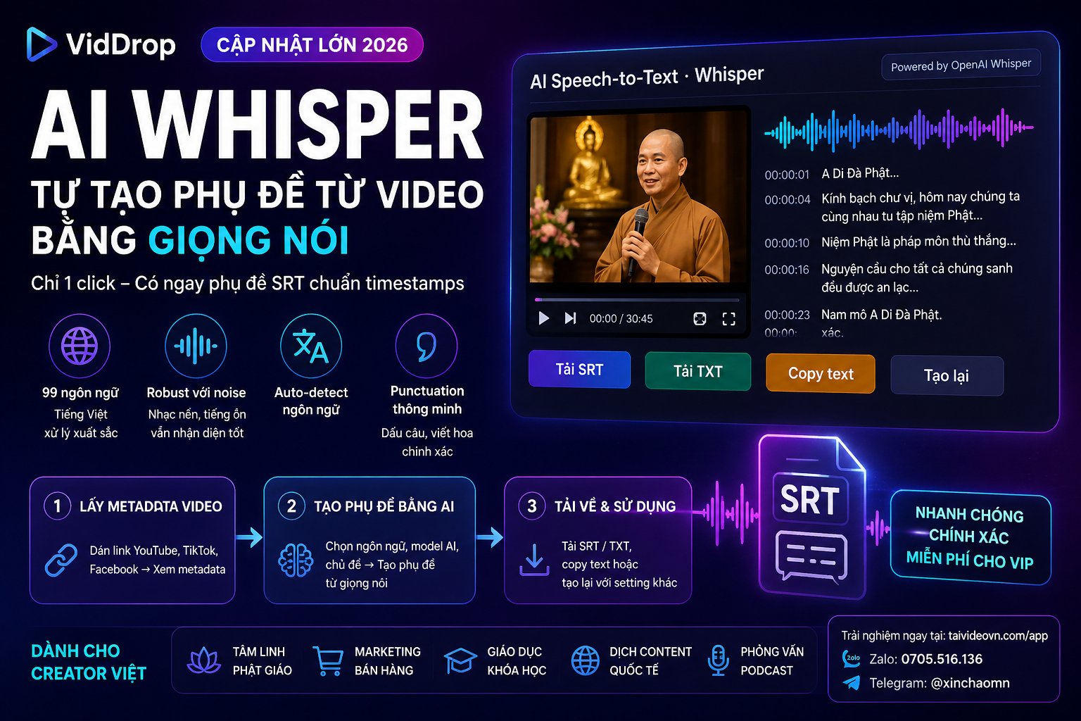 VidDrop AI Whisper: Tạo Phụ Đề Video Tự Động 2026