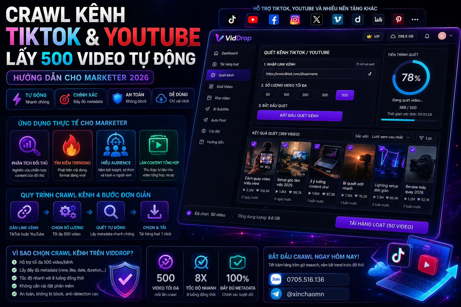 Crawl Kênh TikTok YouTube Lấy 500 Video Marketer 2026